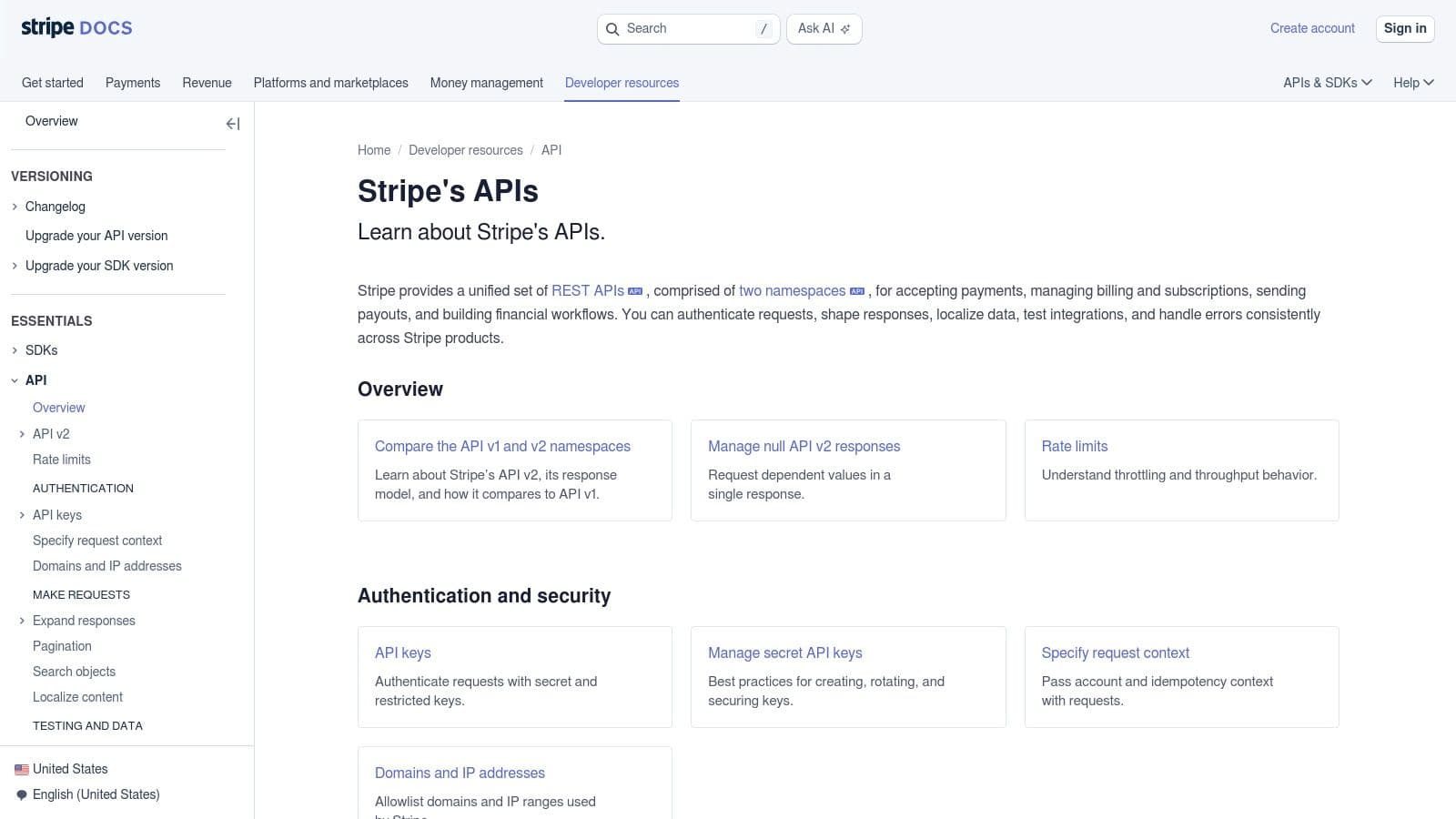 Stripe API documentation example featuring a three-panel layout with code snippets and response examples.
