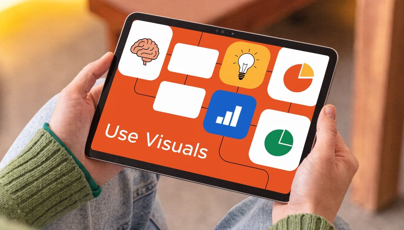 A person holding a tablet displaying an infographic about the importance of using visuals in communication.