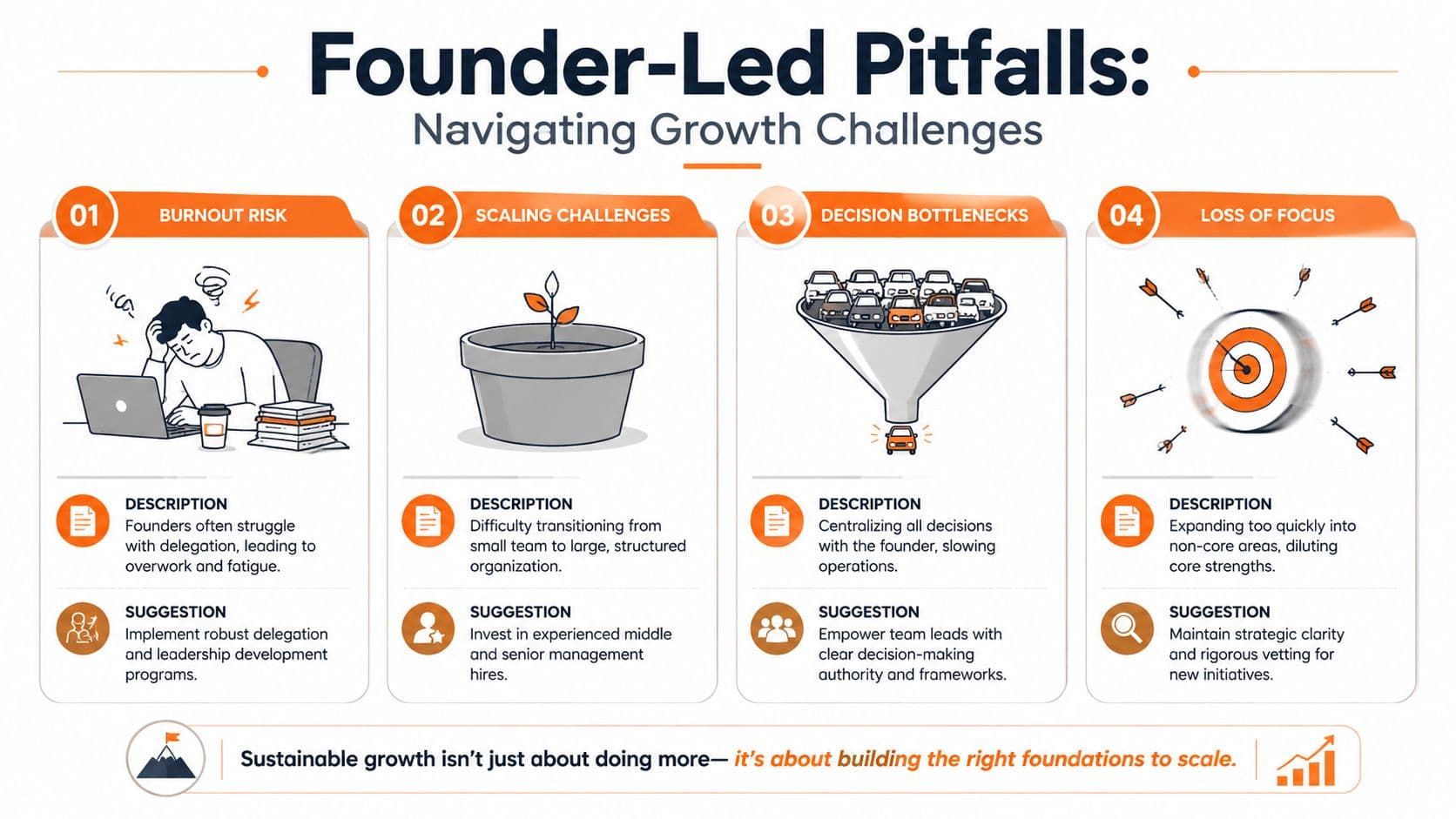 An infographic detailing four common pitfalls for founder-led companies, including burnout, scaling, decision bottlenecks, and loss of focus.