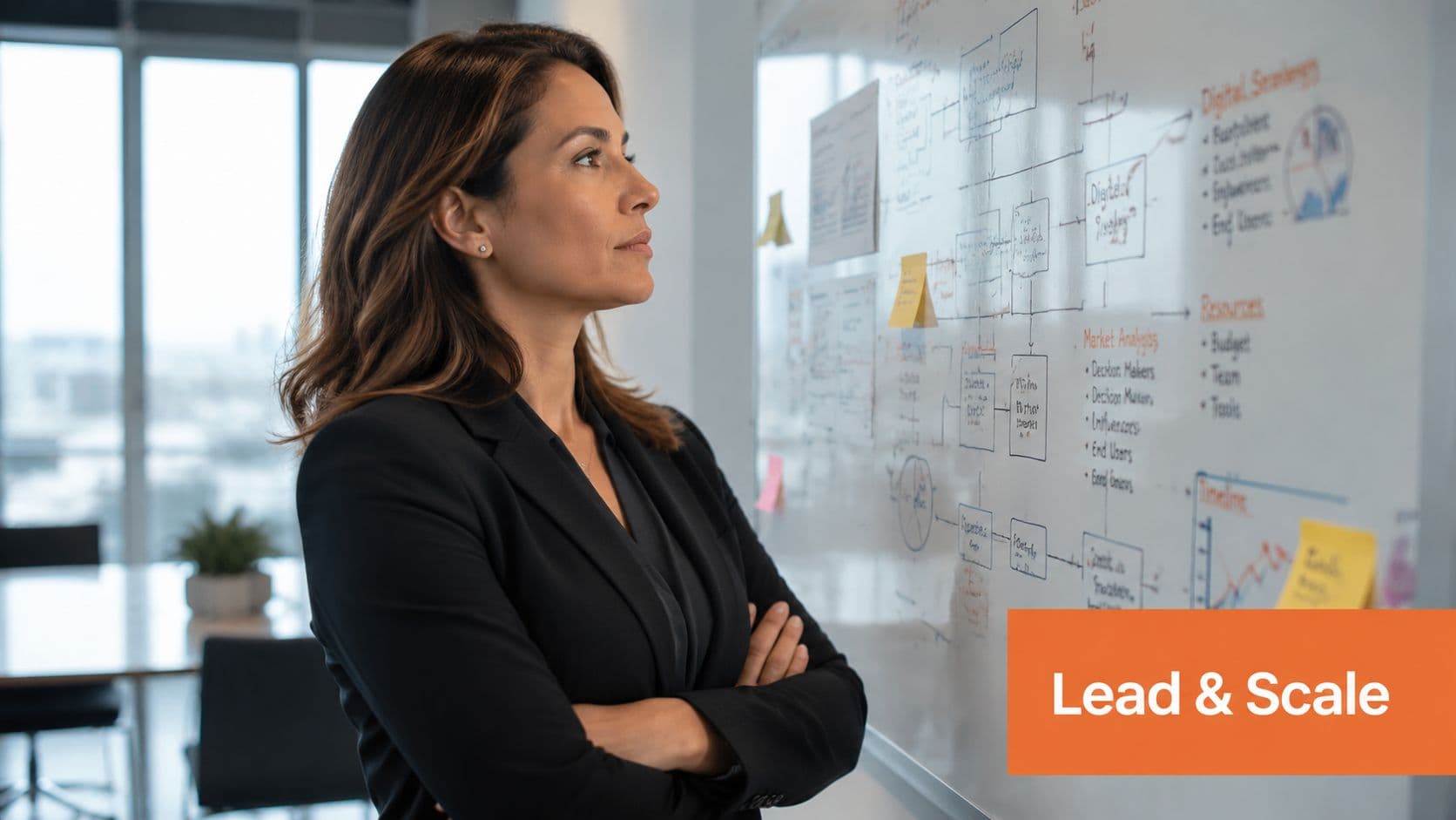 A professional female founder contemplating strategic business plans on a whiteboard in a modern office.